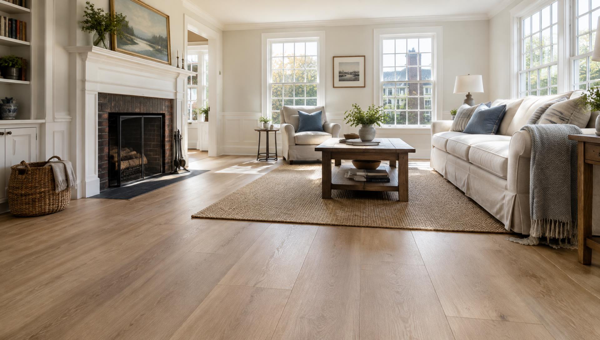 Wide-plank hardwood floor in a colonial-style living room in Boston